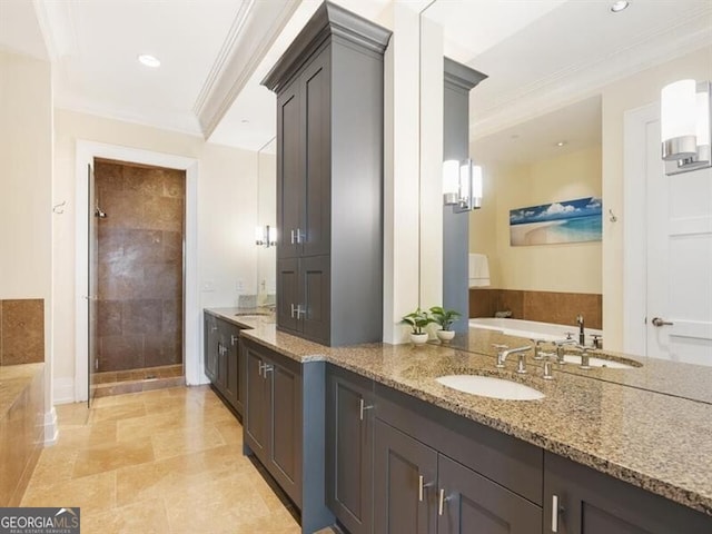 bathroom with recessed lighting, ornamental molding, a bath, and a stall shower