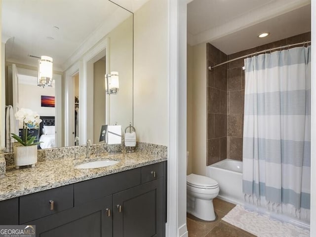 full bathroom with vanity, tile patterned floors, toilet, and shower / bath combination with curtain