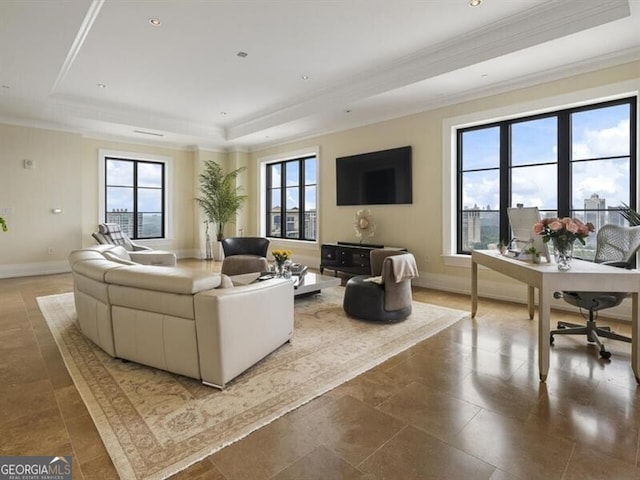 living area with crown molding, a raised ceiling, baseboards, and a healthy amount of sunlight