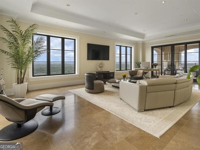 living room featuring crown molding, a healthy amount of sunlight, french doors, and a raised ceiling