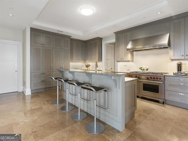 kitchen with luxury stove, wall chimney range hood, a kitchen bar, light stone countertops, and a tray ceiling