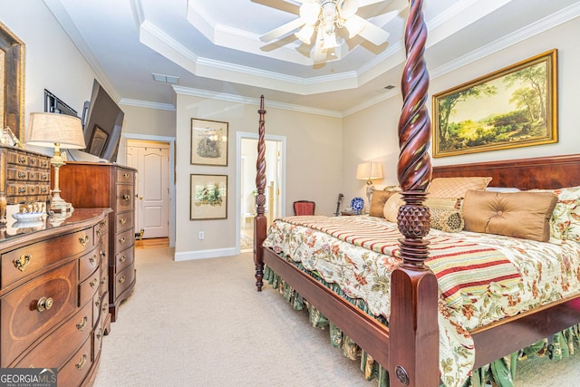 bedroom with light carpet, a raised ceiling, crown molding, a ceiling fan, and baseboards