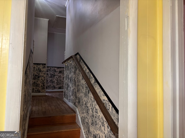 stairway with hardwood / wood-style flooring, wallpapered walls, and attic access