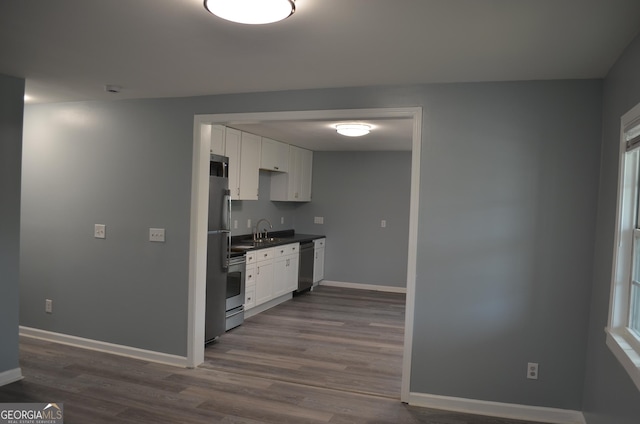 kitchen with baseboards, white cabinetry, dishwasher, and dark wood-style floors