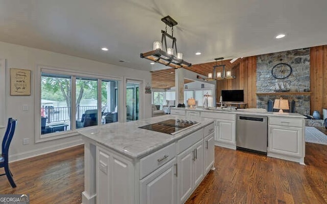 kitchen with black electric stovetop, a kitchen island, open floor plan, stainless steel dishwasher, and dark wood-style floors