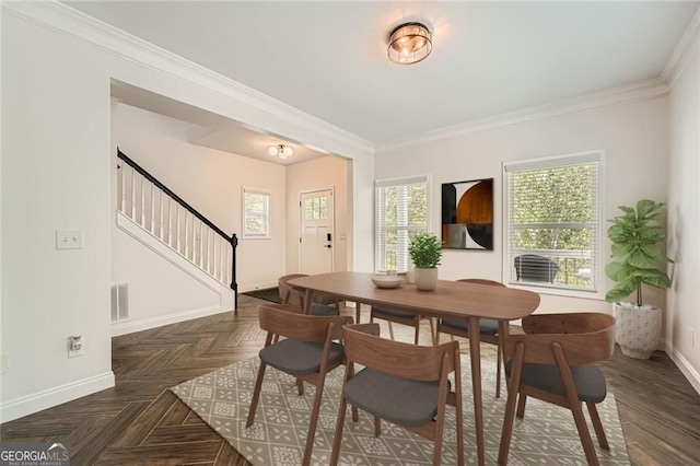 632 Warren Ave, Scottdale, GA 30079 - dining room featuring stairway, ornamental molding, baseboards, and visible vents