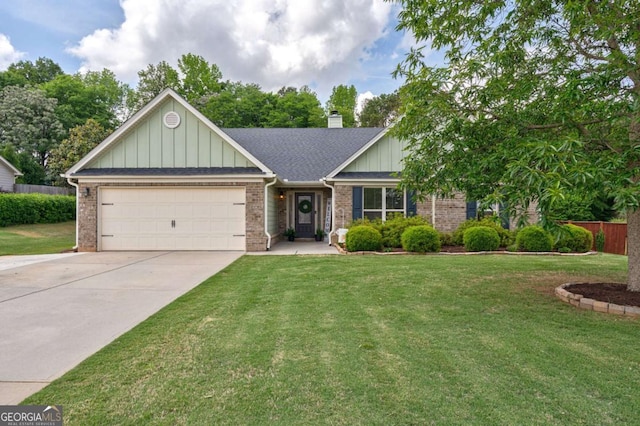 ranch-style home featuring a garage, concrete driveway, brick siding, and a front yard