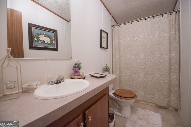 657 Reynolds Rd, Folkston, GA 31537 - bathroom with vanity, toilet, a textured ceiling, tile patterned floors, and a shower with shower curtain