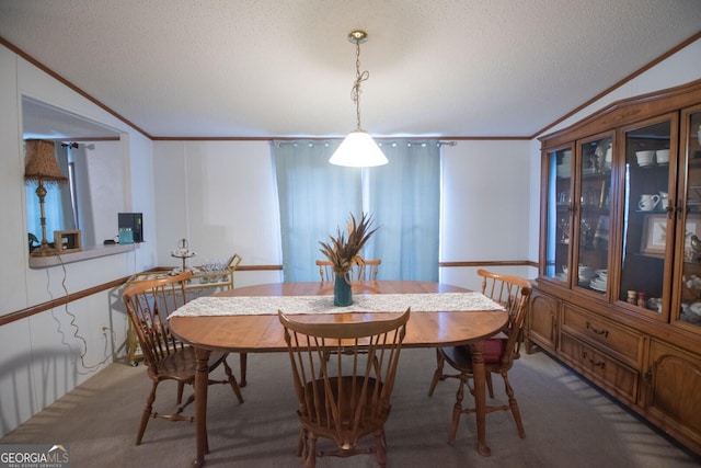 657 Reynolds Rd, Folkston, GA 31537 - carpeted dining room featuring ornamental molding, vaulted ceiling, and a textured ceiling