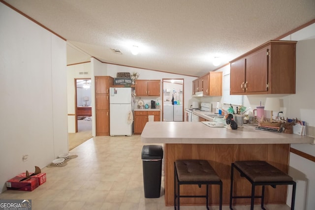 657 Reynolds Rd, Folkston, GA 31537 - kitchen featuring a peninsula, lofted ceiling, white appliances, light countertops, and a textured ceiling