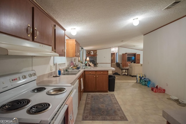 657 Reynolds Rd, Folkston, GA 31537 - kitchen with white electric range oven, a sink, light countertops, a peninsula, and under cabinet range hood