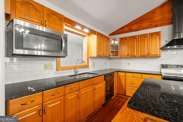 2421 Settlers Ridge Rd, Hiawassee, GA 30546 - kitchen featuring stainless steel microwave, range, lofted ceiling, black dishwasher, and wall chimney exhaust hood