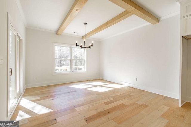 unfurnished dining area with baseboards, a chandelier, beam ceiling, and light wood-type flooring