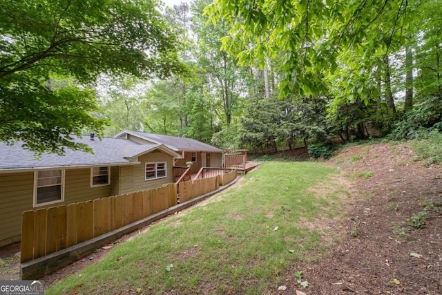 view of yard with fence and a wooden deck