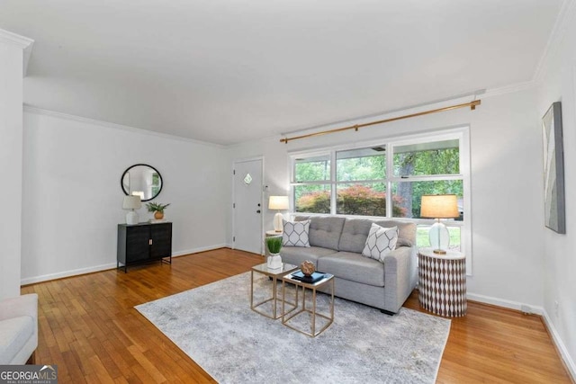 living room with baseboards, ornamental molding, and wood finished floors