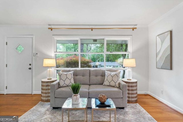 living area featuring baseboards, ornamental molding, and wood finished floors