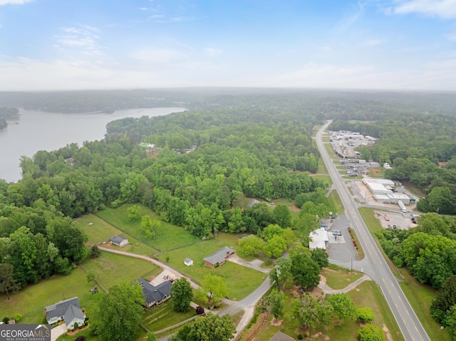 birds eye view of property featuring a water view and a wooded view
