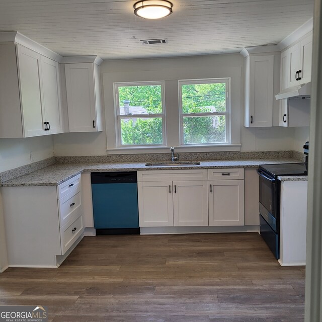 kitchen featuring black range with electric stovetop, dishwasher, a sink, white cabinets, and under cabinet range hood