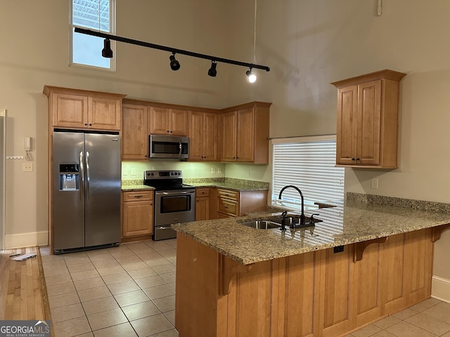 315 N Main St Unit 200, Madison, GA 30650 - kitchen featuring a peninsula, appliances with stainless steel finishes, a sink, and a towering ceiling