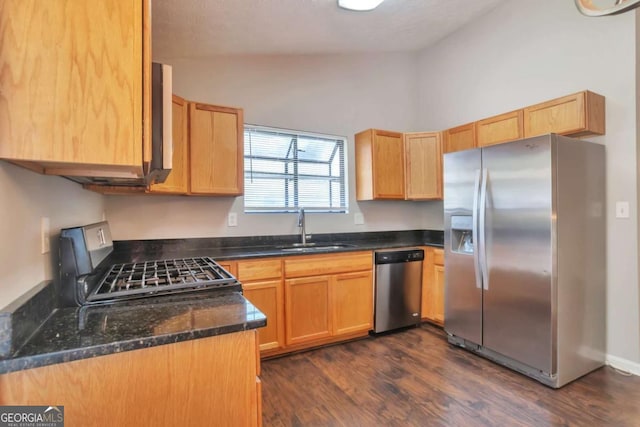 5379 Winslow Xing, Lithonia, GA 30038 - kitchen with dark wood-style floors, dark stone counters, a sink, appliances with stainless steel finishes, and vaulted ceiling