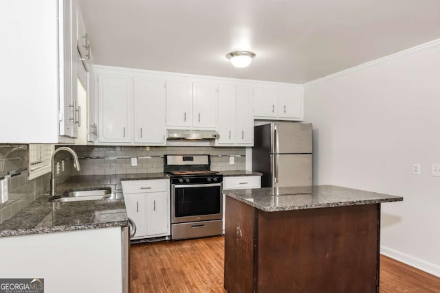 2636 Suzanne Ln, Acworth, GA 30102 - kitchen with a sink, stainless steel appliances, white cabinetry, and under cabinet range hood