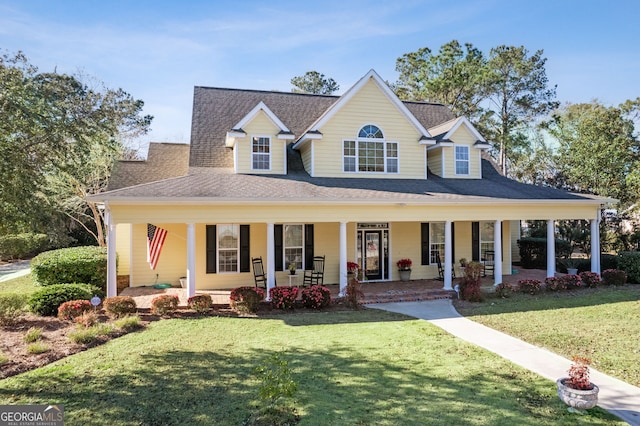 farmhouse-style home featuring covered porch, a shingled roof, and a front yard