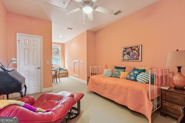 bedroom featuring baseboards, ceiling fan, carpet, and visible vents