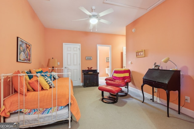 carpeted bedroom featuring baseboards and ceiling fan
