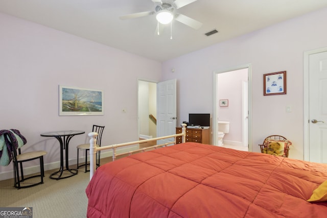 bedroom with connected bathroom, ceiling fan, light colored carpet, baseboards, and visible vents