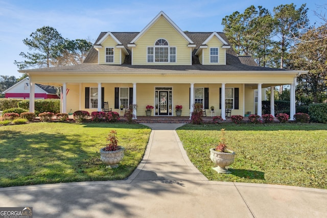 farmhouse featuring a porch and a front lawn