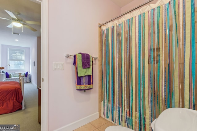 bathroom featuring a shower with curtain, ceiling fan, tile patterned flooring, baseboards, and recessed lighting