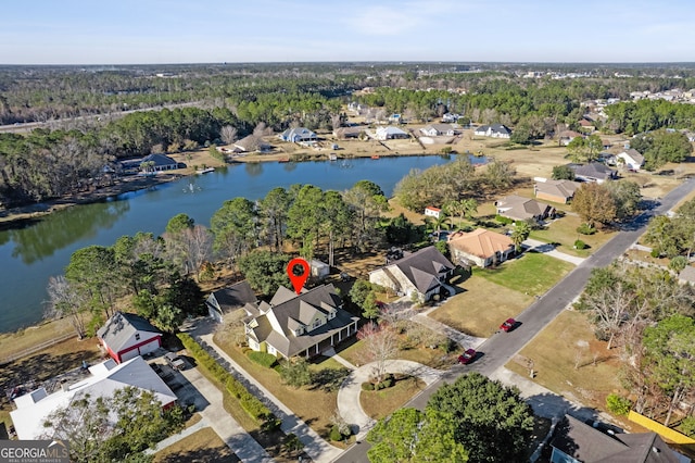 aerial view with a water view and a residential view