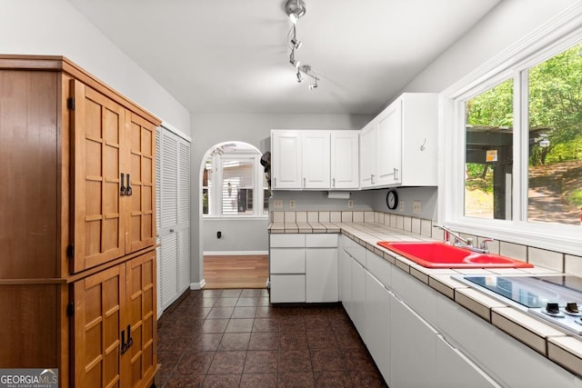 115 Rabbit Run, Dawsonville, GA 30534 - kitchen with baseboards, plenty of natural light, tile countertops, and white cabinets