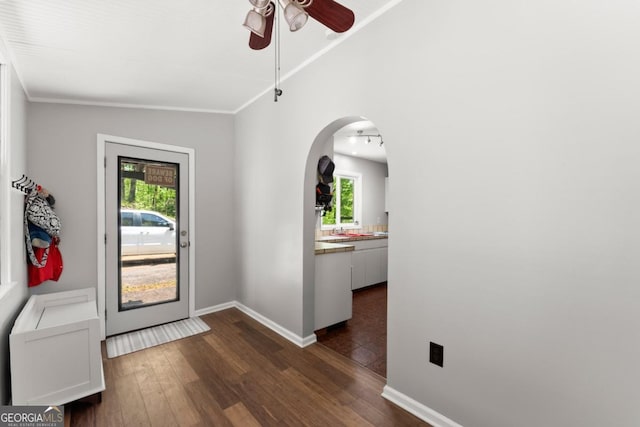 115 Rabbit Run, Dawsonville, GA 30534 - doorway to outside featuring a ceiling fan, dark wood-style flooring, and a wealth of natural light