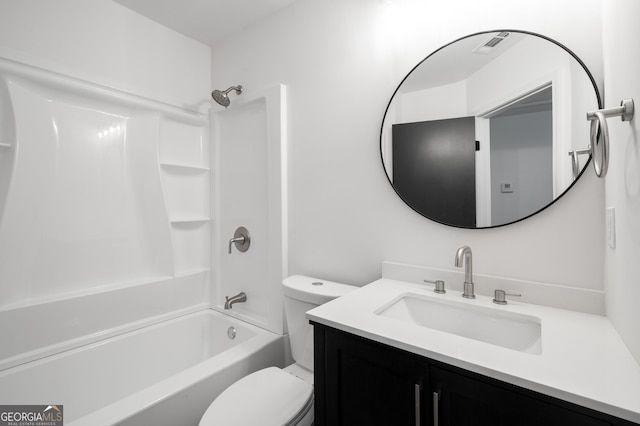 full bath with vanity, bathtub / shower combination, visible vents, and toilet