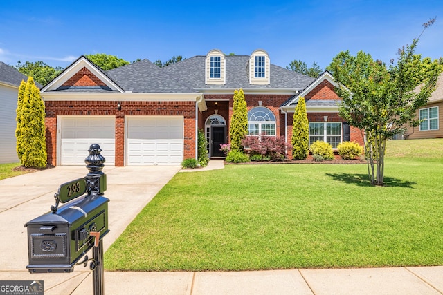 view of front facade featuring concrete driveway, brick siding, a garage, and a front lawn