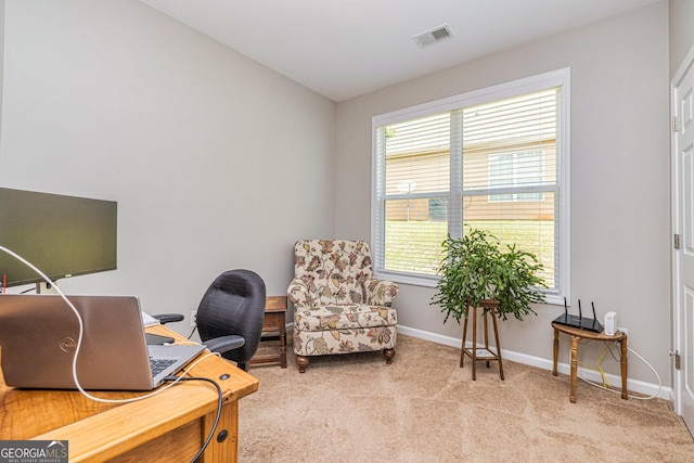 home office with light carpet and baseboards