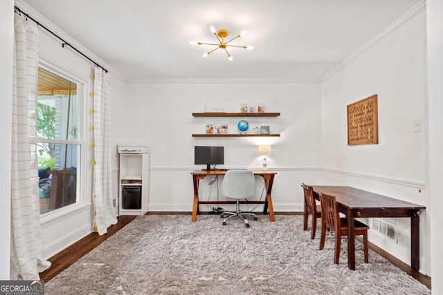office with baseboards, a chandelier, ornamental molding, and wood finished floors
