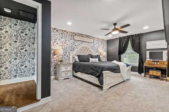 bedroom with recessed lighting, wallpapered walls, ceiling fan, and baseboards
