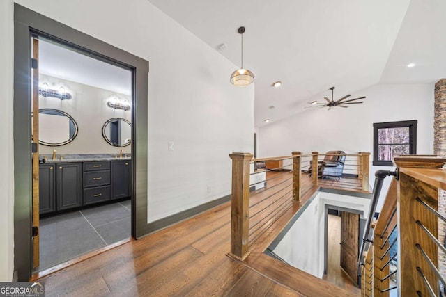 281 Abbott Dr, Canton, GA 30114 - stairs with wood finished floors, lofted ceiling, and a ceiling fan
