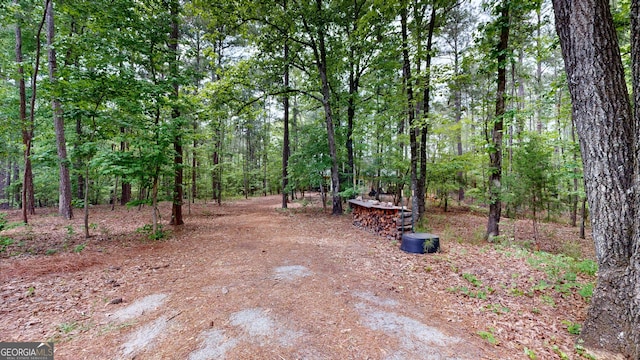 view of yard featuring a forest view