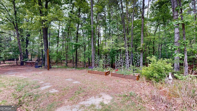 view of yard with a wooded view and a garden