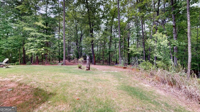 view of yard with a wooded view