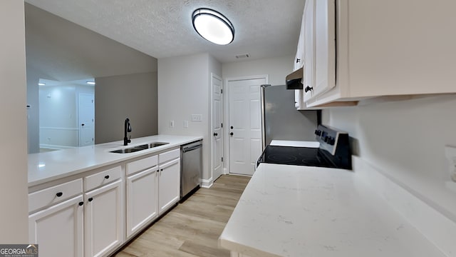 931 Justin Dr, Winder, GA 30680 - kitchen with a sink, ventilation hood, white cabinets, stainless steel appliances, and light wood-style flooring