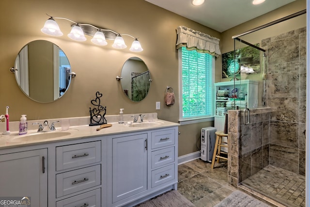 full bath featuring a sink, radiator heating unit, and a stall shower