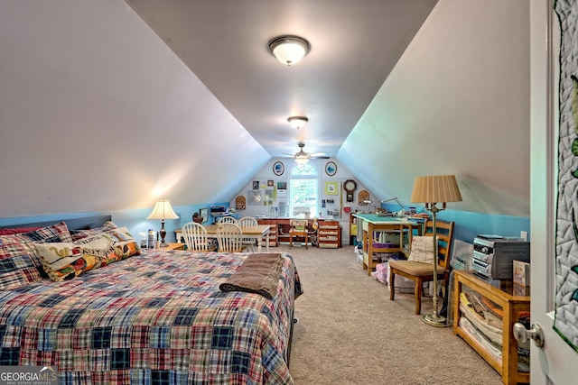 carpeted bedroom featuring vaulted ceiling