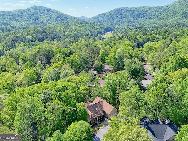 drone / aerial view with a wooded view and a mountain view