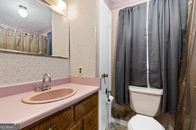7255 Blue Ridge Dr, Blue Ridge, GA 30513 - bathroom with toilet, wallpapered walls, and vanity