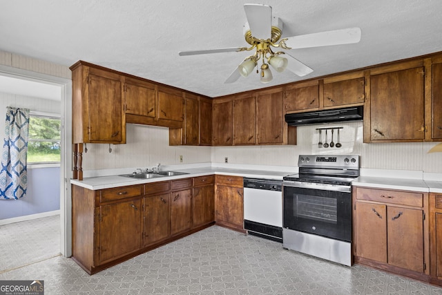 7255 Blue Ridge Dr, Blue Ridge, GA 30513 - kitchen featuring light countertops, stainless steel electric range, under cabinet range hood, and dishwasher
