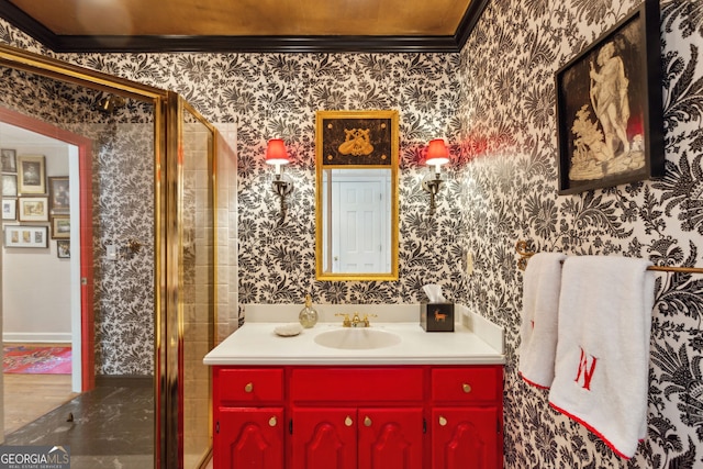 4584 E Conway Dr, Atlanta, GA 30327 - full bath featuring crown molding, vanity, a stall shower, and wallpapered walls